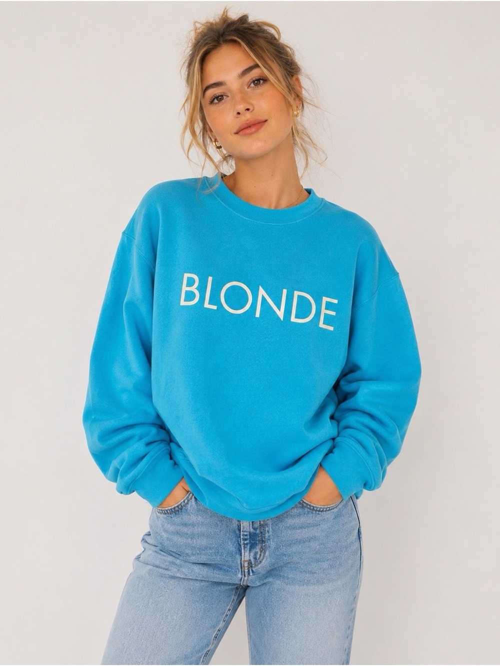 Brunette The Label Turquoise 'BLONDE' Crewneck Sweatshirt